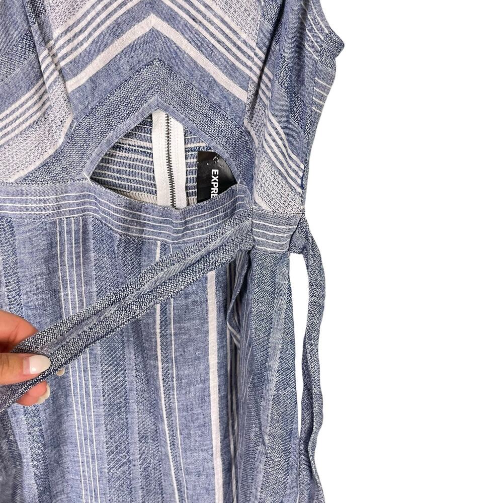 Express NWT Blue White Stripe Linen Blend Cut Out Strappy Wrap Midi Dress - Picture 8 of 12